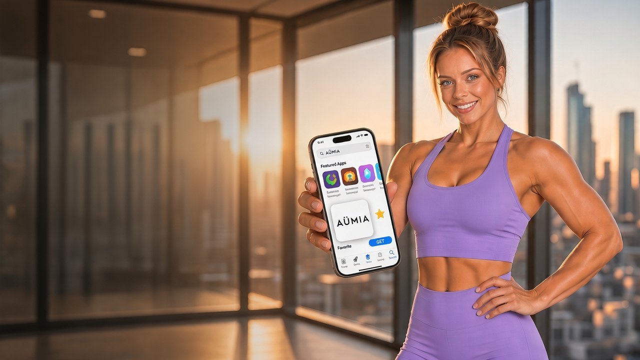 Mujer sonriente mostrando la app AÜMIA en su teléfono